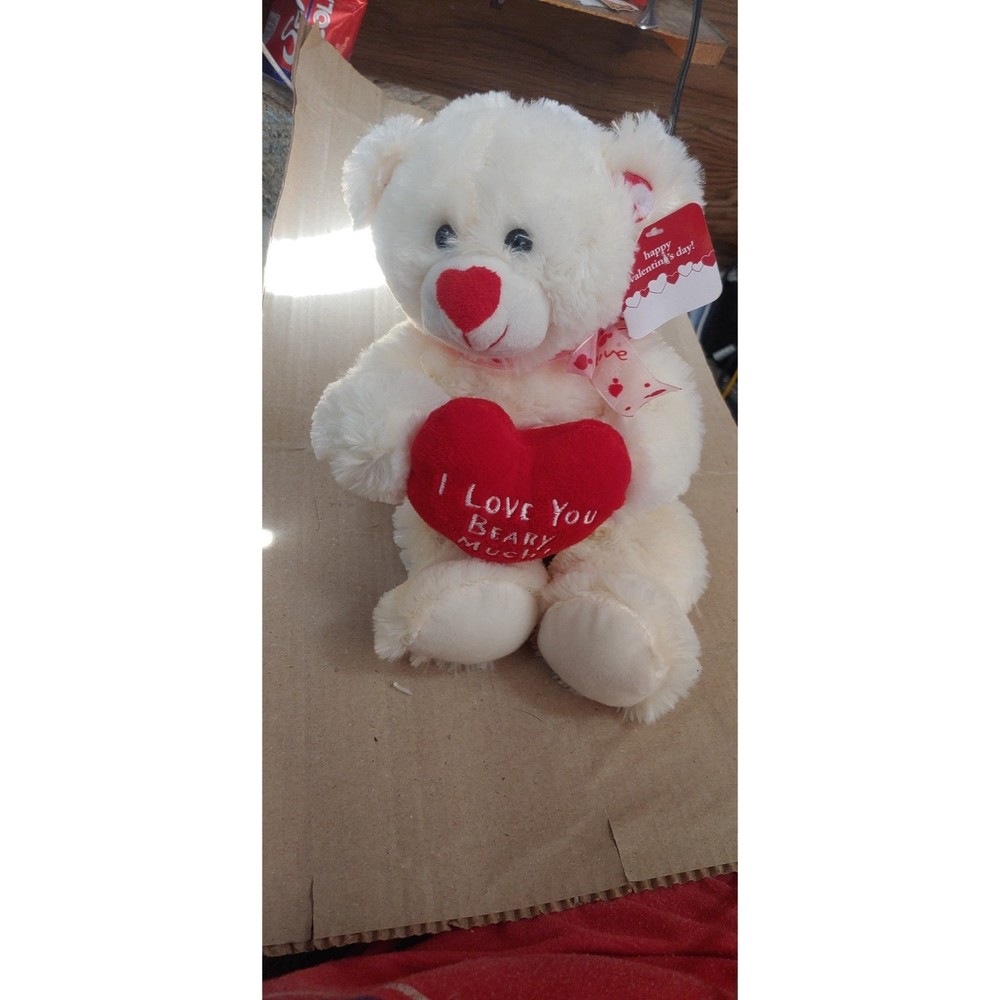 15 in white teddy bear with red heart says I love you BEARY much.. Valentine